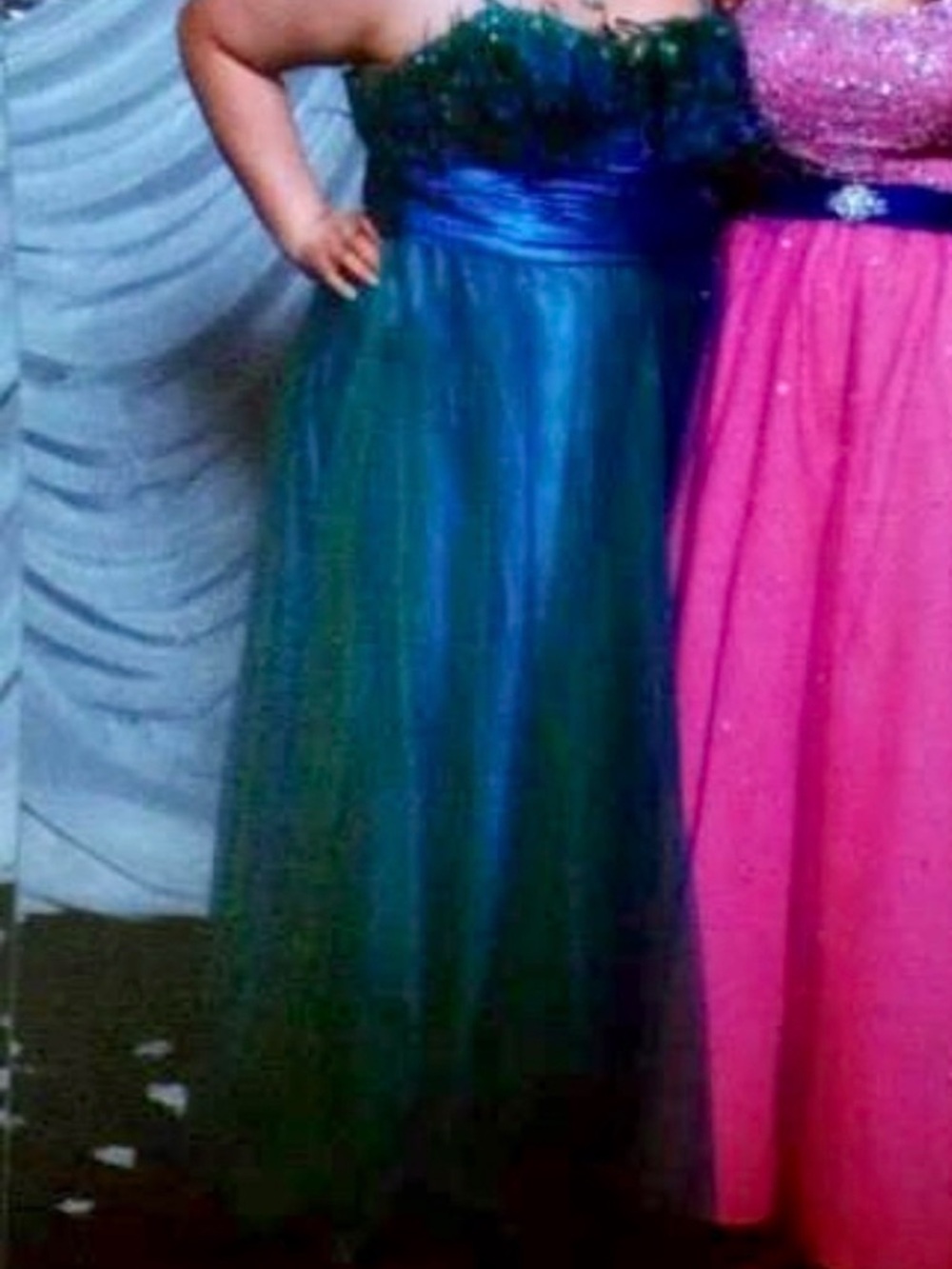 Elegant teal with feathers prom dress altered to size 14